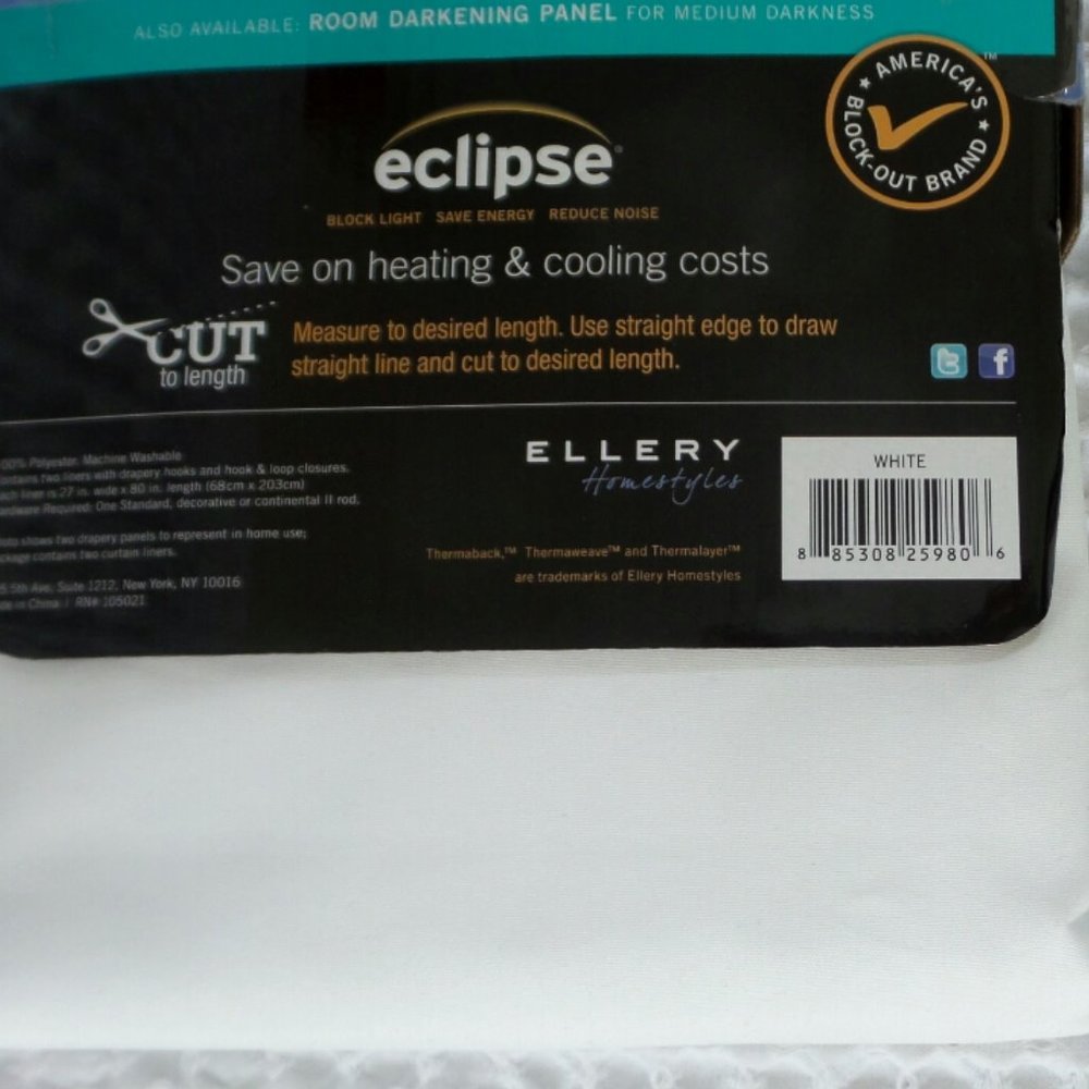 Eclipse Curtain Panels BLACKOUT WHITE 2 Panels Rod - Picture 4 of 6